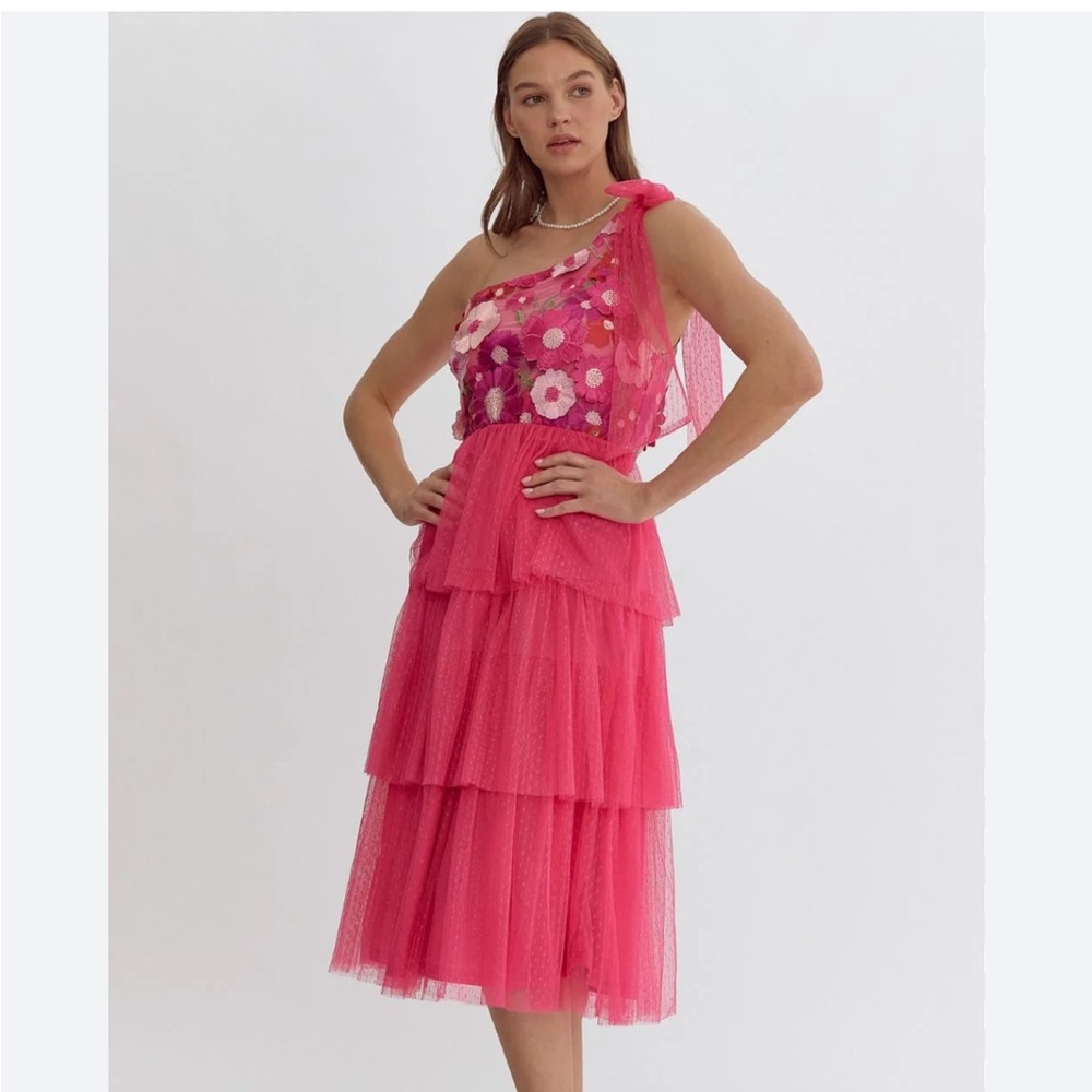 Entro Pink Ruffle Flower Tulle Midi Dress - Picture 2 of 16